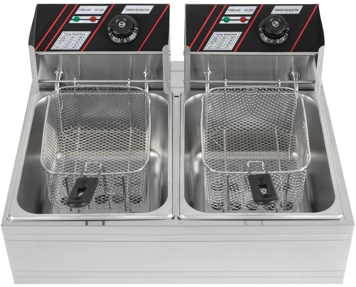 Elektrische Friteuse - Dubbele Tank - Dompel Frituurpan - Professionele Frituurmachine - Roestvrijstaal - 2 x 6L Capaciteit - 2 x 2500W Vermogen - Temperatuurregeling - Voor Friet, Snacks, Kip, Garnalen - Horeca & Thuisgebruik