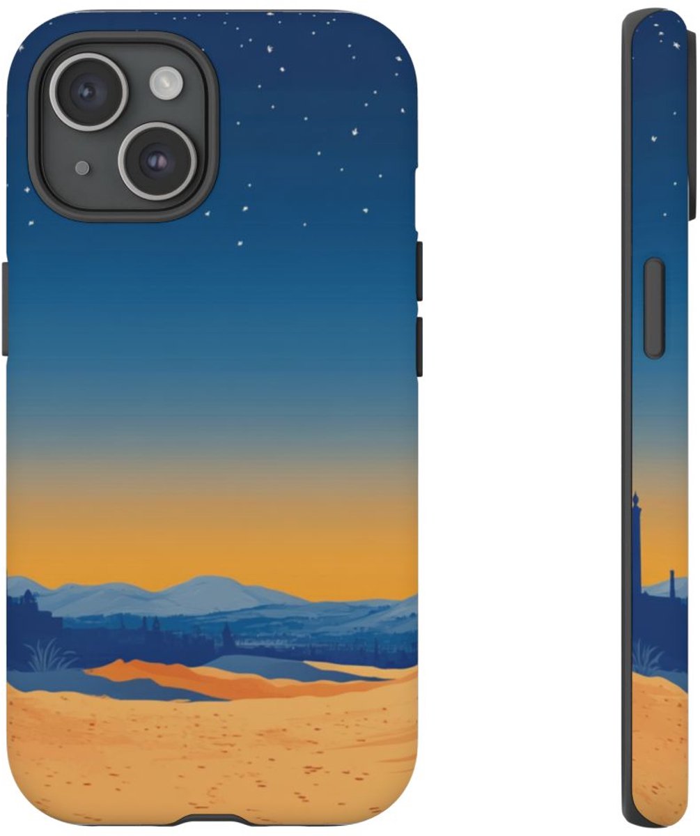 Woestijnlandschap met Nachtelijke Sterrenhemel – Telefoonhoesje Geschikt voor iPhone 15
