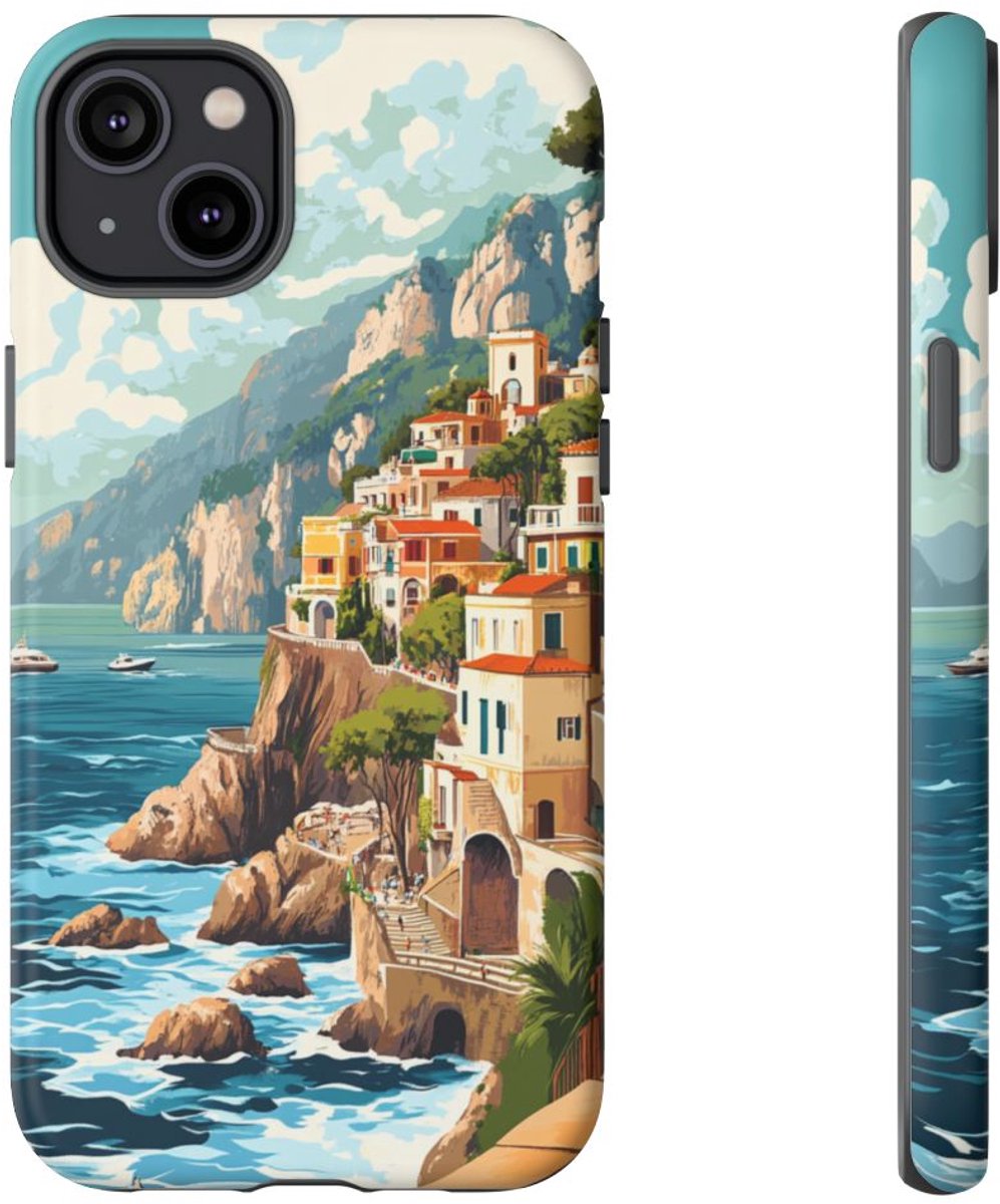 Retro Illustratie van de Amalfikust – Telefoonhoesje Geschikt voor iPhone 14 Plus