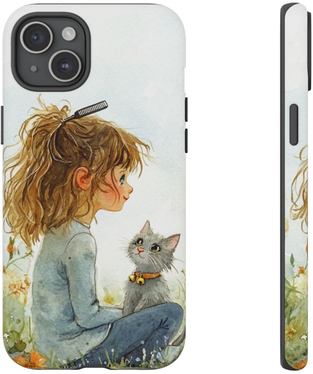 Meisje met Katje in Bloementuin Aquarel – Telefoonhoesje Geschikt voor iPhone 15 Plus