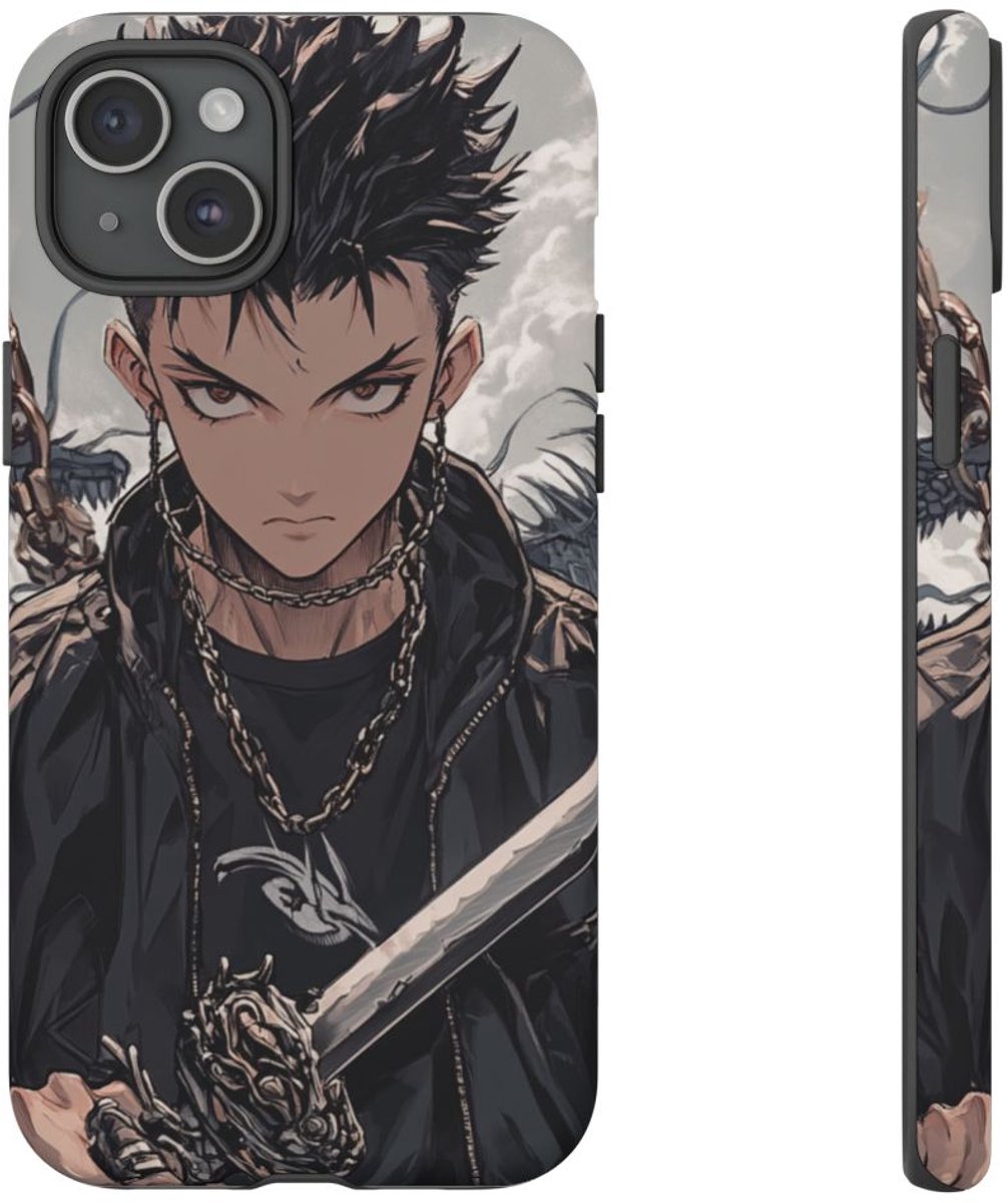 Anime Strijder met Zwaard en Draak – Telefoonhoesje Geschikt voor iPhone 15 Plus