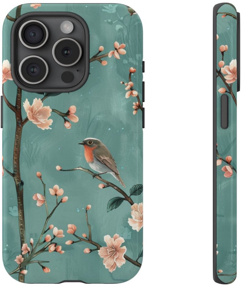 Perzikbloesem en Roodborstjes Patroon – Telefoonhoesje Geschikt voor iPhone 15 Pro
