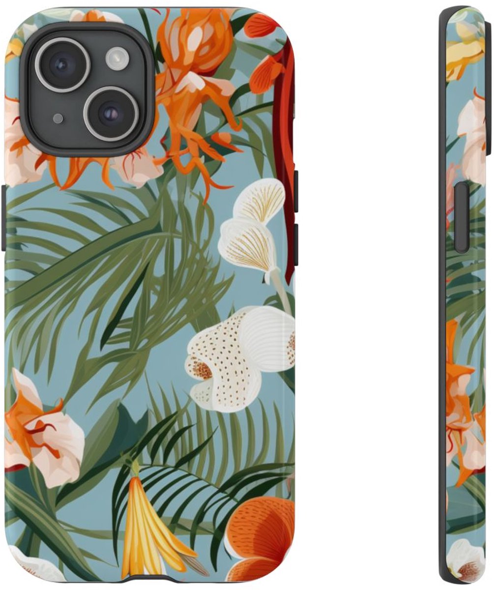 Tropische Orchideeën en Bladmotief – Telefoonhoesje Geschikt voor iPhone 15
