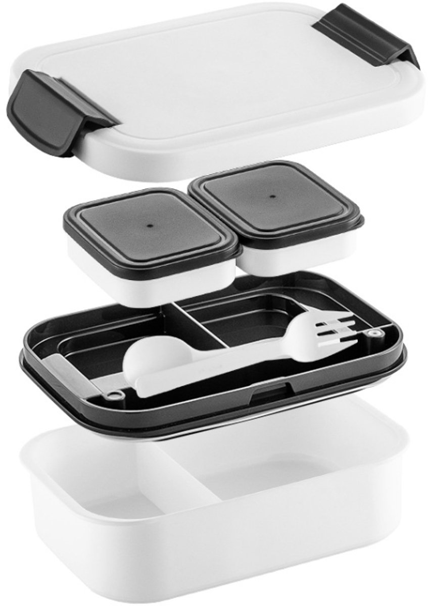 Lunchbox - Bentobox - inclusief bestek - 23*15*8cm - lunchboxen - Broodtrommel - lunchbox met vakjes - 5 compartimenten - geschikt voor uit eten gaan - werk en picknicks - magnetron - vaatwasser - en vriezerbestendig - Wit