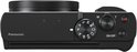 Bovenaanzicht van een zwarte Panasonic Lumix compactcamera met bedieningsknoppen en draaischijf.