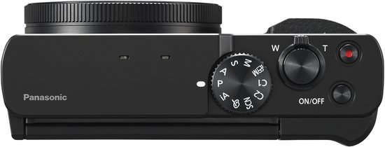 Bovenaanzicht van een zwarte Panasonic Lumix compactcamera met bedieningsknoppen en draaischijf.