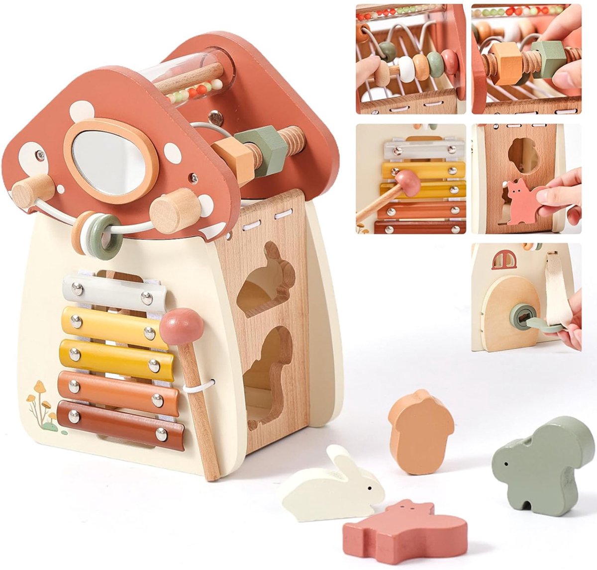 Image of 5-in-1 educatief speelgoed in de vorm van een paddenstoel, houten activiteitenkubus voor kinderen, Montessori-speelgoed voor motorische vaardigheden, multifunctioneel educatief leerspeelgoed voor peuters van 1 tot 3 jaar, verjaardagscadeau