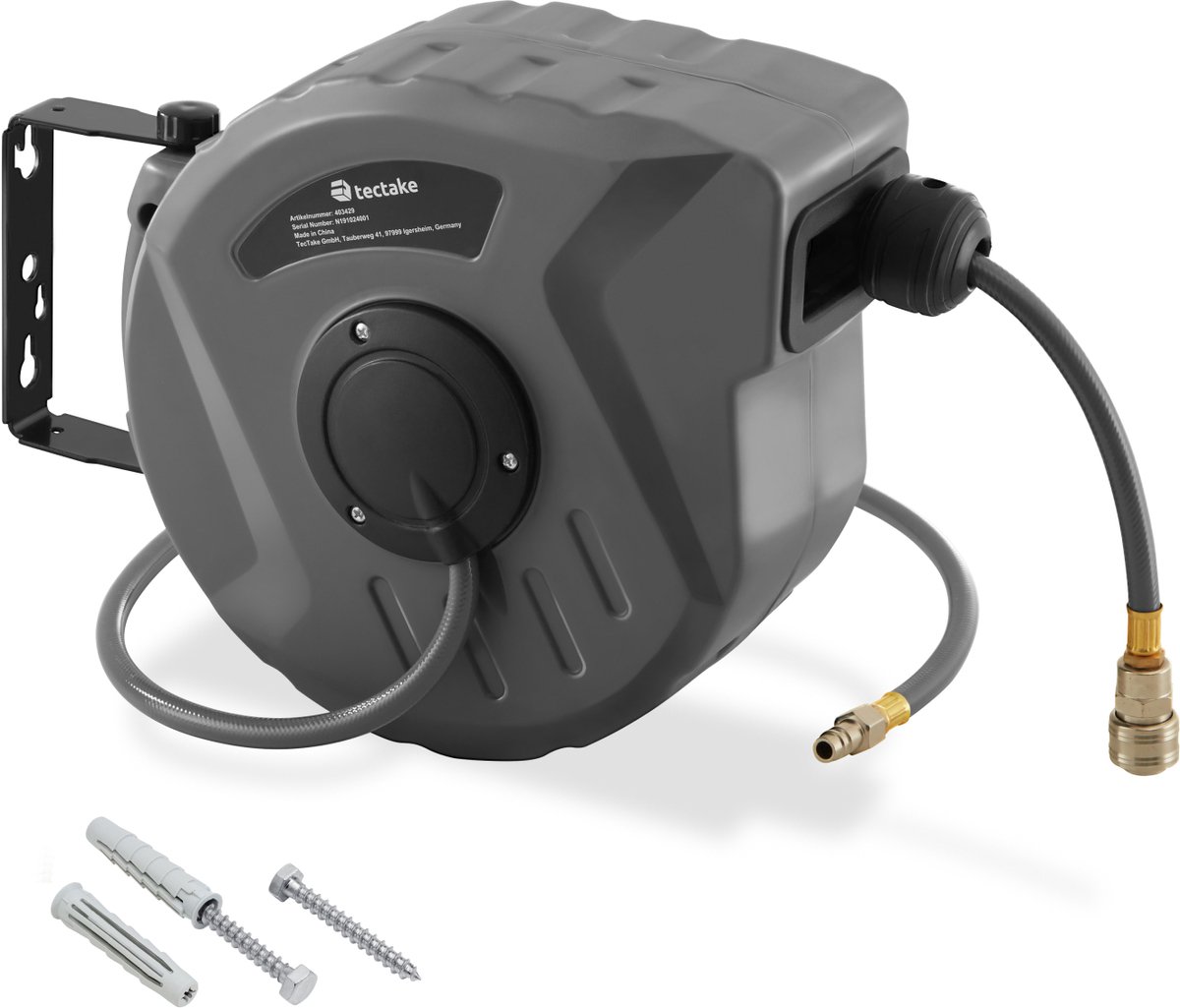 tectake® Persluchtslanghaspel met ¼ inch snelkoppeling - Automatische haspel met slangstop - Wandhouder - Automatische slanghaspel - Verschillende lengtes - 10 m