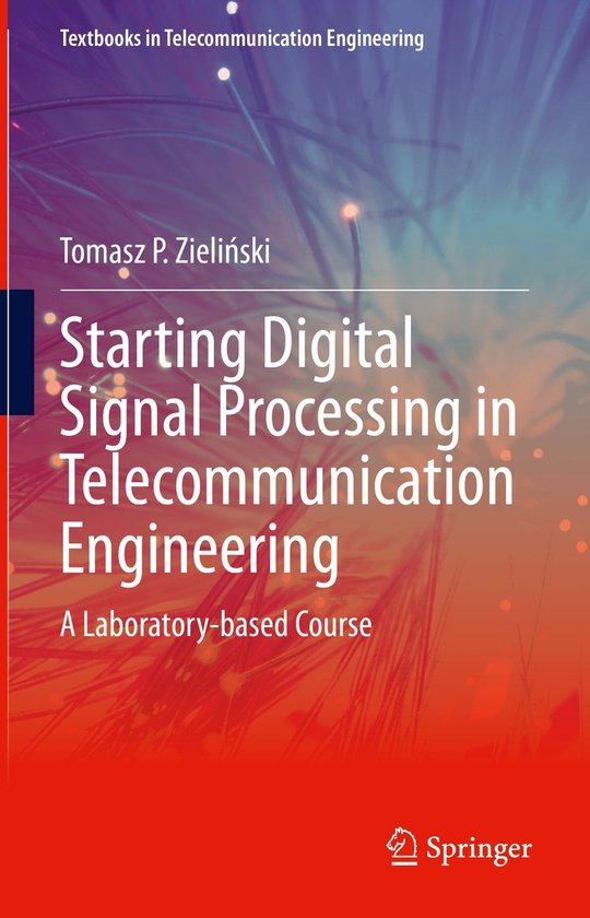 Livre "Starting Digital Signal Processing in Telecommunication Engineering" avec une lueur orange-rouge et des lumières abstraites.