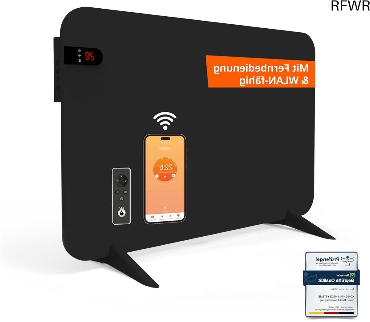RFWR® 450W Smart Infraroodverwarming met Wi-Fi App Control en Afstandsbediening - Inclusief Handdoekhouder en Bevestigingsmateriaal - Zwart