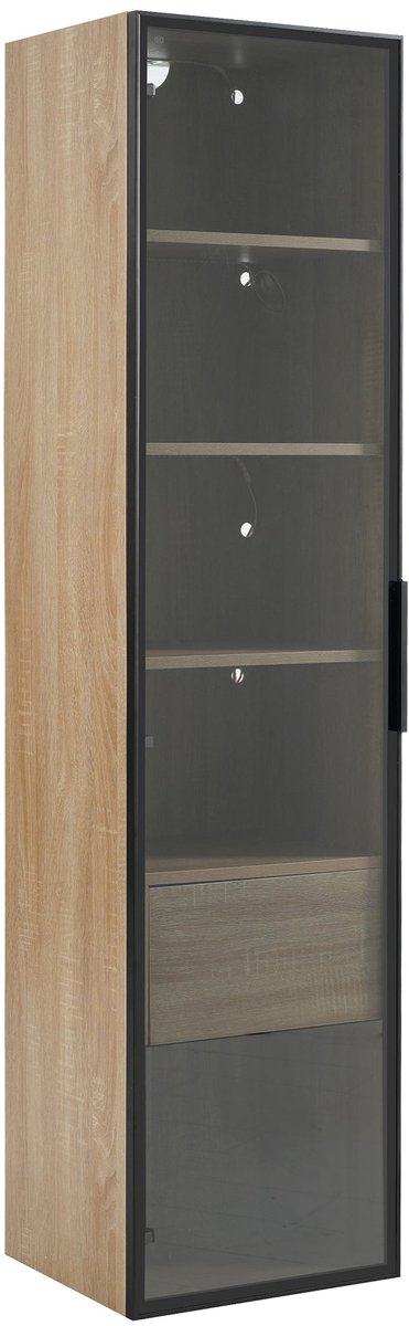 Merax Badkamerkast met Lade en Glazen Deur – Staande Kolomkast met Verlichting – 40 cm Breed – 165 cm Hoog – Bruin