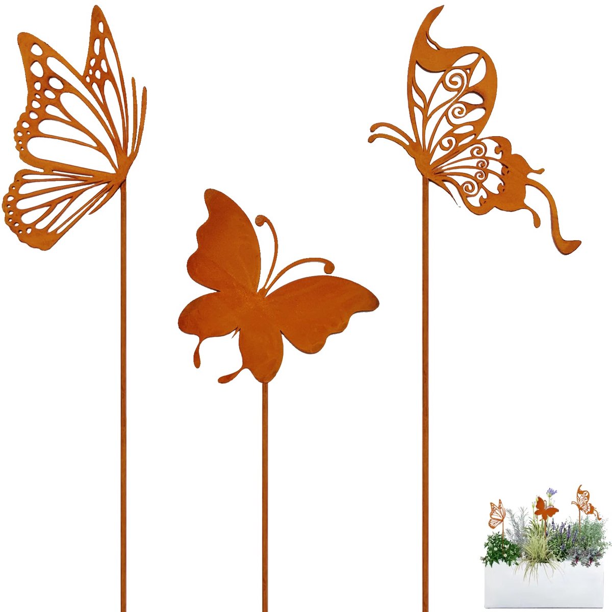 Ibenzoa® Charmante Tuindecoratie Set van 3 Roestige Vlinder Bloemstekers voor Buiten en Binnen