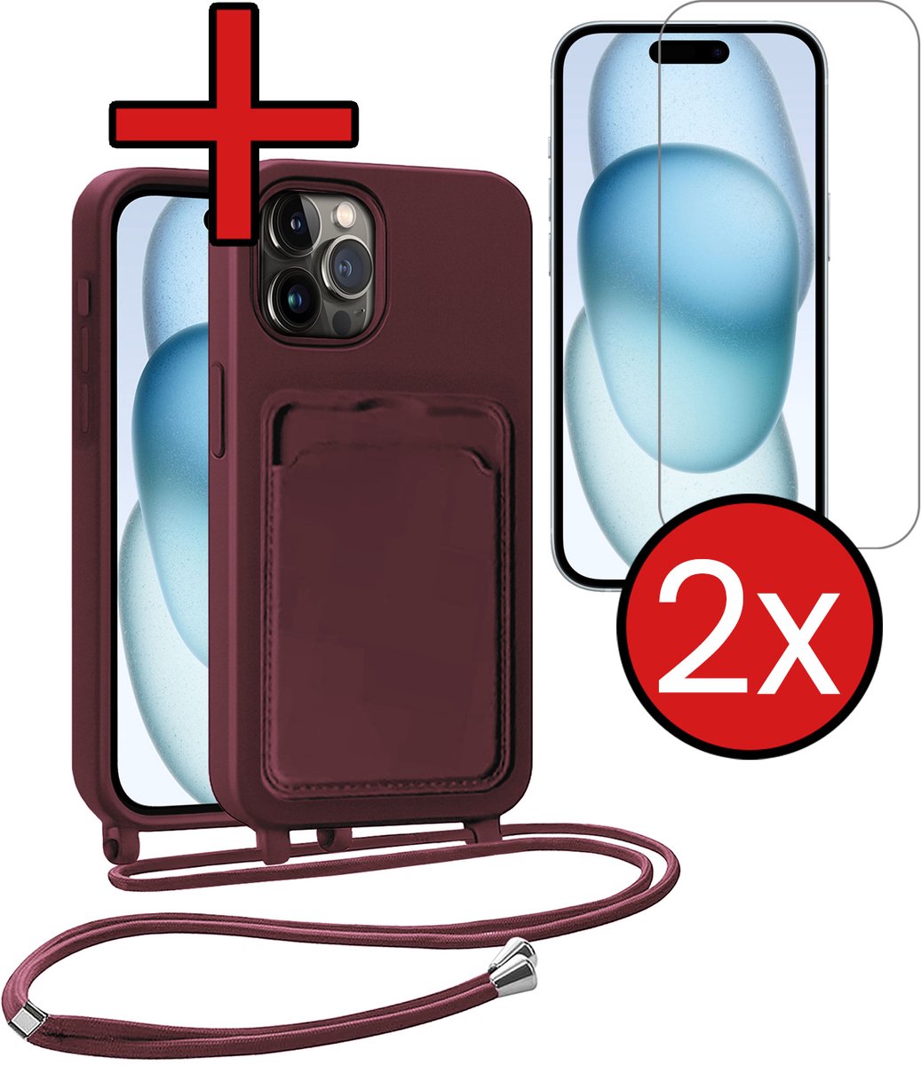 Hoesje Geschikt voor iPhone 14 Pro Hoesje Met Telefoonkoord en Pasjeshouder Met 2x Screenprotector Siliconen - Hoes Geschikt voor iPhone 14 Pro Hoesje Met Kaarthouder Case - Aubergine