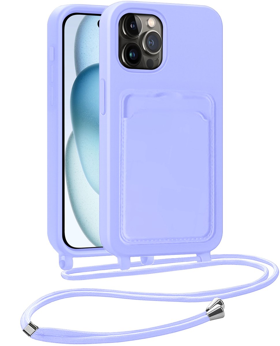 Hoesje Geschikt voor iPhone 15 Pro Hoesje Met Telefoonkoord en Pasjeshouder Siliconen - Hoes Geschikt voor iPhone 15 Pro Hoesje Met Kaarthouder Case - Lila