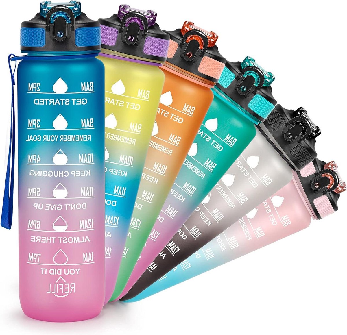 JGS Premium - 1 Liter Motivatie Waterfles met Tijdmarkering - Lekvrij - BPA-vrij - Sportfles met Drinkrietje en Draagriem.