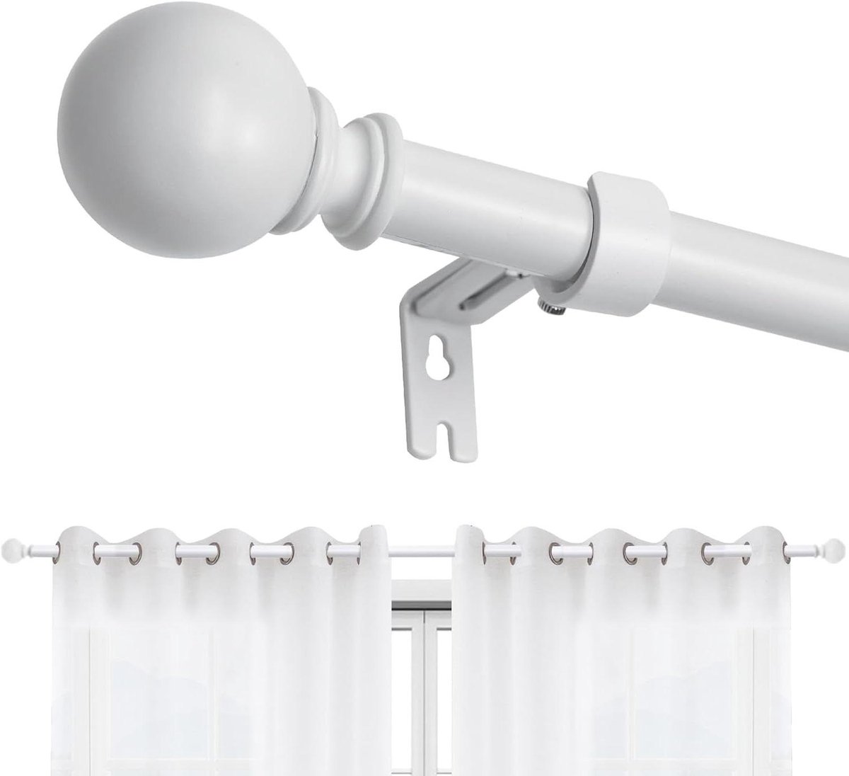 JGS Premium - Verstelbare witte gordijnroede set met houders voor raam - 305 cm - Decoratieve aluminium eindkap - Keuken, slaapkamer, woonkamer.