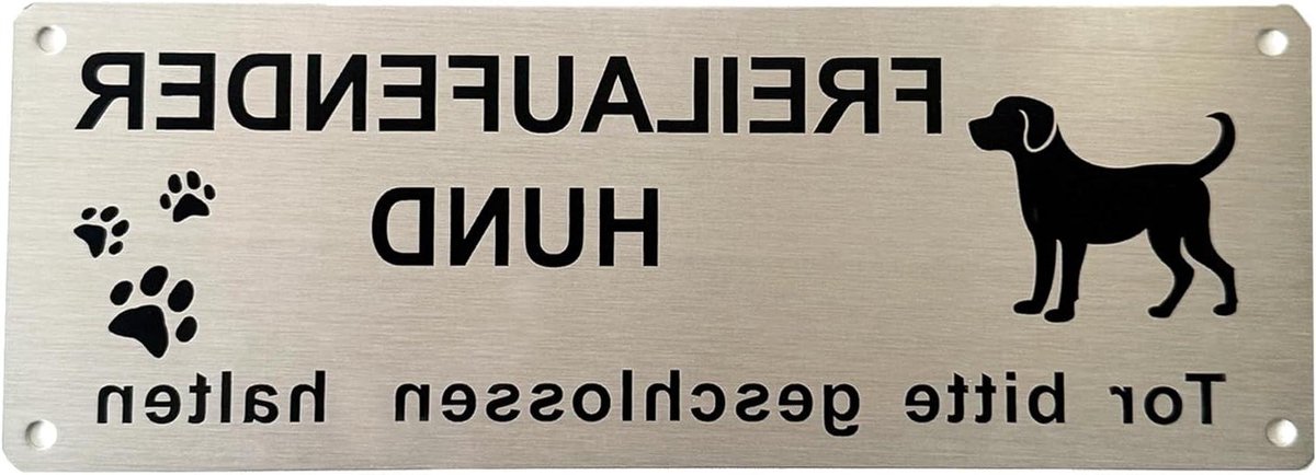 JGS Premium - Aluminium waarschuwingsbord voor vrijlopende hond - 25 x 9 cm - binnen/buiten gebruik met zelfklevende bevestiging