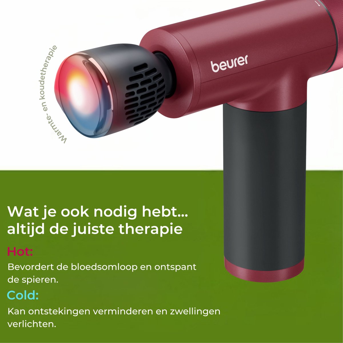 Afbeelding 3 van Beurer MG 195 HOT & COLD Limited Edition 25 Massage Gun - Verwarmt & koelt spieren - Incl. 7 opzetstukken - 9 Intensiteitsniveaus - Krachtige accu - Draadloos gebruik - 3 Jaar garantie - Bordeaux/zwart