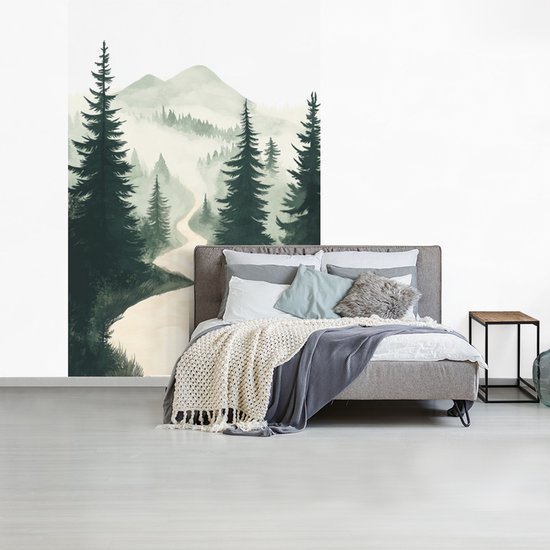 Behang - Fotobehang Pad - Bomen - Bos - Illustratie - Breedte 170 cm x hoogte 260 cm