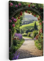 Tuinschilderij voor buiten 80x120 cm - Tuindecoratie Doorkijk - Tuinboog - Bloemen - Natuur - Pad - Tuinposter op canvas - Tuin muurdecoratie - Buitenschilderij decoratie - Schutting wanddecoratie - Buitencanvas