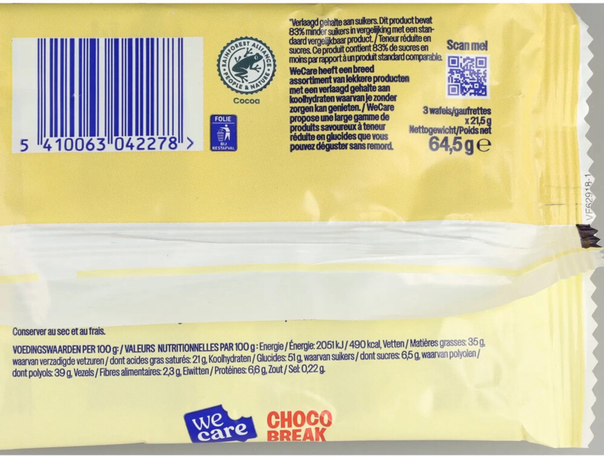WeCare Lower Suger Chocolate - 7 x 64,5 gr - Voordeelverpakking