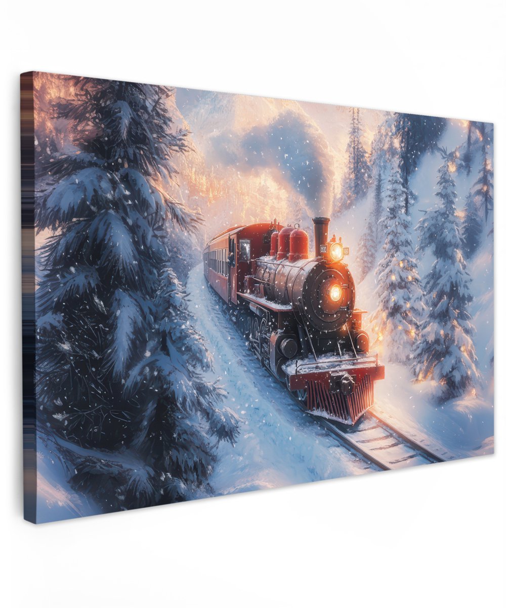 Tuindecoratie Kersttrein op canvas, winterse kerstsfeer voor buiten, 120x80 cm.