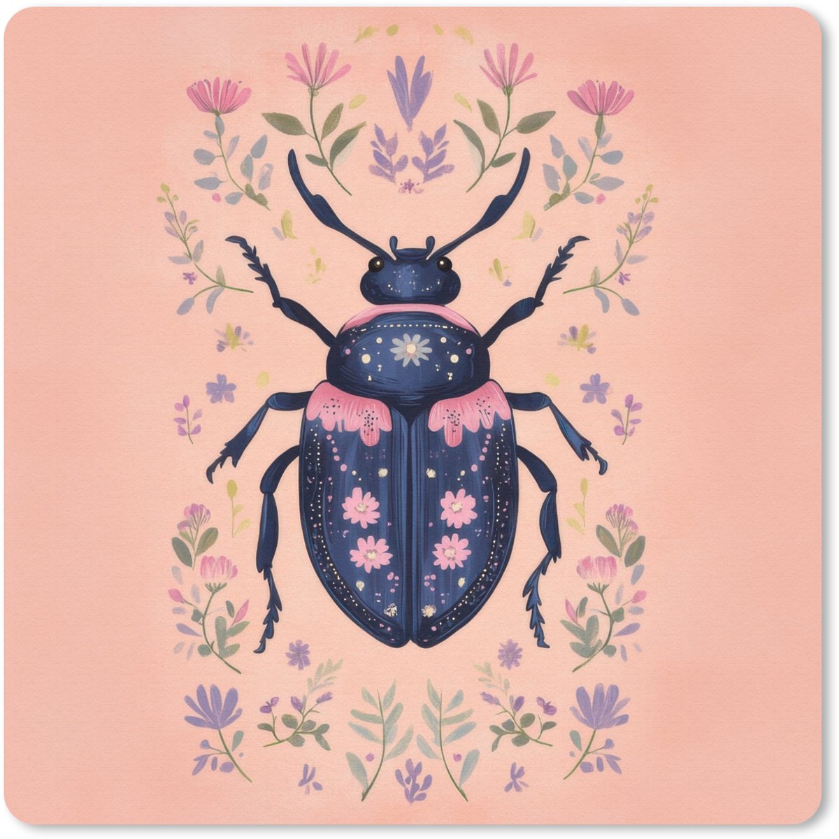 Muismat 30x30 cm - Mousepad Kever - Donkerblauw - Bloemen - Sierlijk - Muismatten