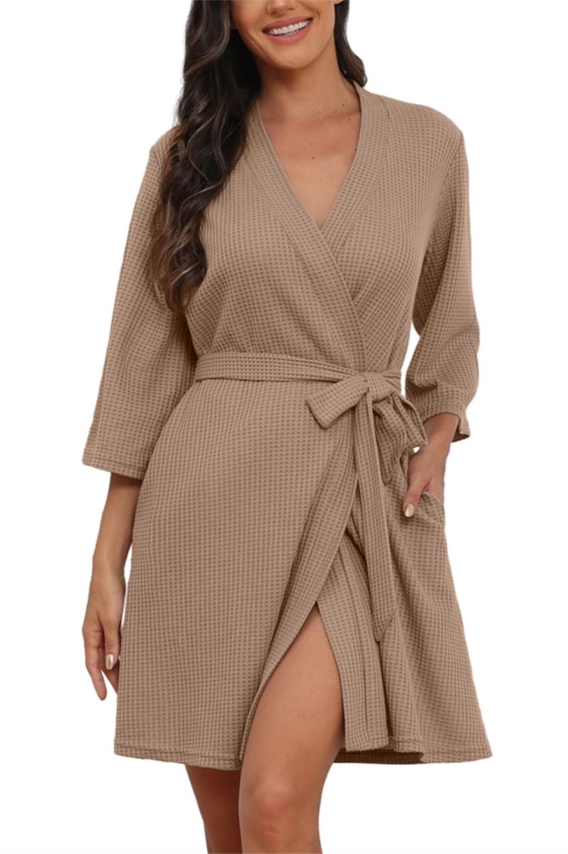 Korte Dames Kimono Morgenjas - met 3/4 Mouwen - Lichtgewicht Wafelstof - Voor Reizen, Sauna en Thuis - Khaki Maat M