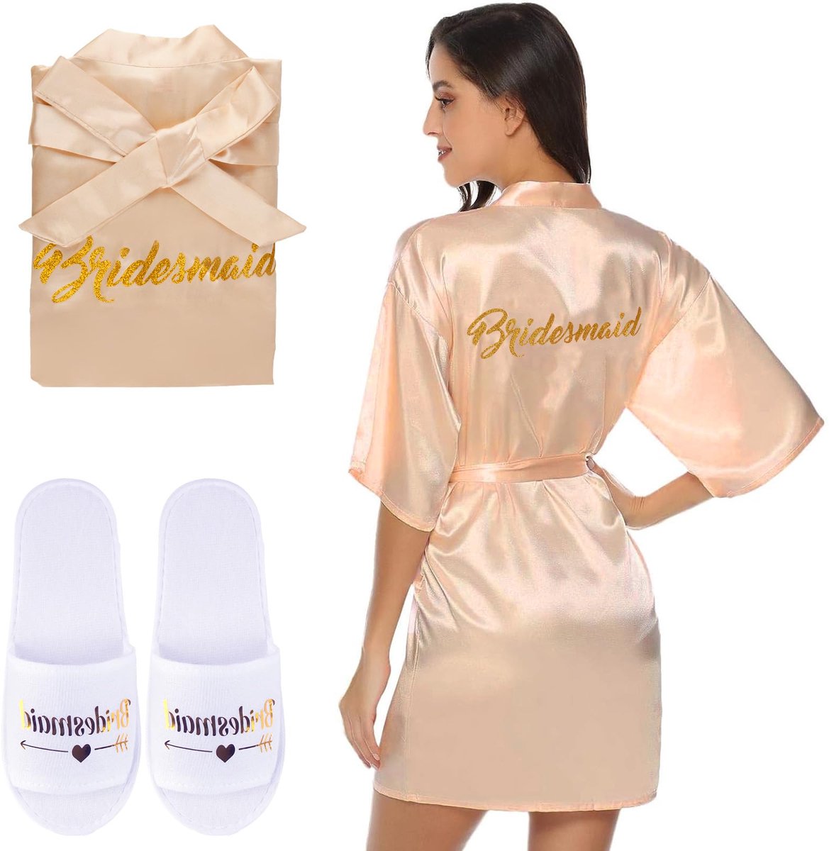 Satijnen Morgenmantel Kimono - Met V-hals en ceintuur - Voor Bruid & Bruidsmeisjes - Inclusief Pantoffels