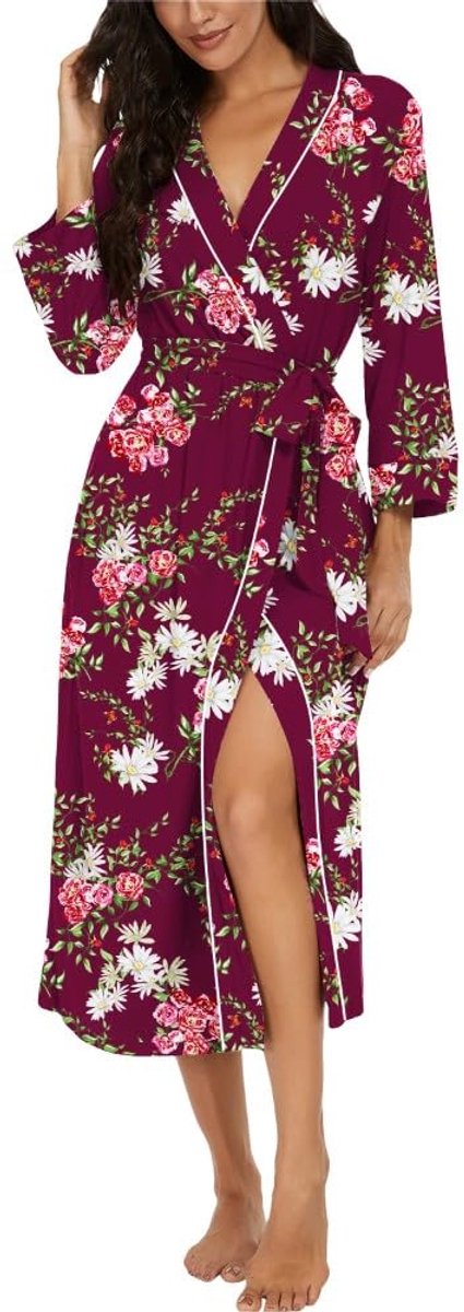 Dames Badjas Kimono - Lichtgewicht - Met 3/4 Mouwen - Voor Thuis, Sauna & Nachtkleding - Wijnrood Bloemenprint - XL