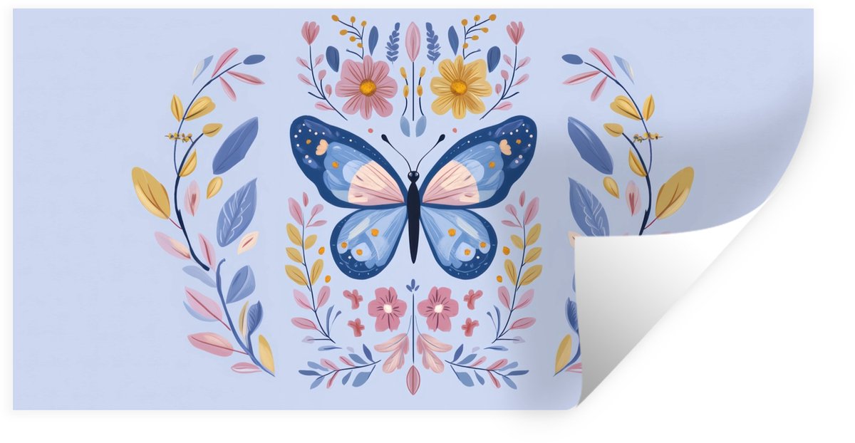 Muurstickers - Sticker Folie - Vlinder - Lichtblauw - Sierlijk - Bloemen - 120x60 cm - Pla