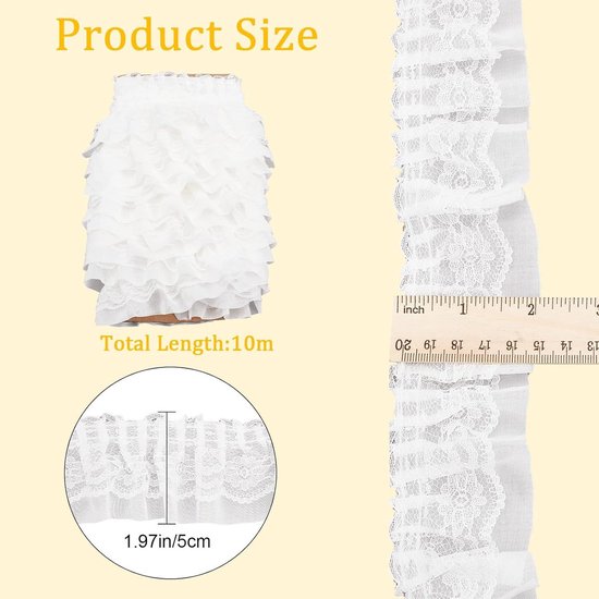 5 Yards Wit 2-Layer 7CM Breed Elastische Geplooide Chiffon