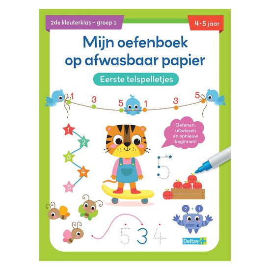 Oefenboek met een tijger op een skateboard, cijfers, getekende dieren en een uitwisbare stift voor kinderen van 4-5 jaar.