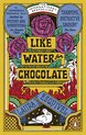 Boekomslag van 'Like Water for Chocolate' met roze rozen, vlammen en een duif. Tekst: 'The International Bestseller', 'Like Water for Chocolate', 'Laura Esquivel'.