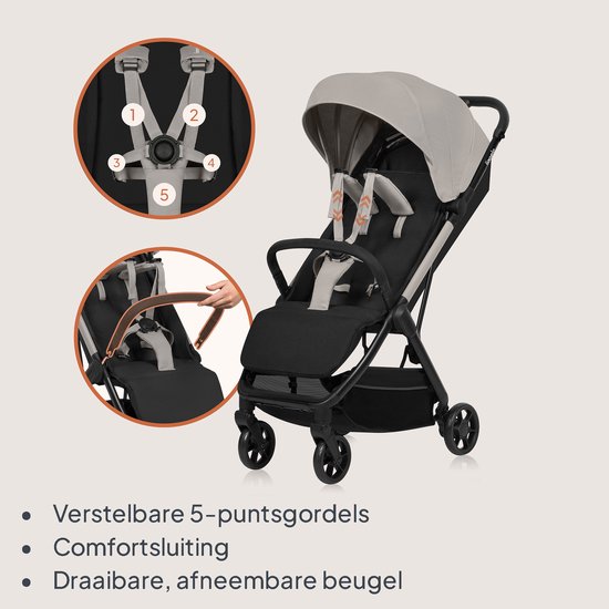 Grijze buggy met verstelbare 5-puntsgordels en een draaibare, afneembare beugel.