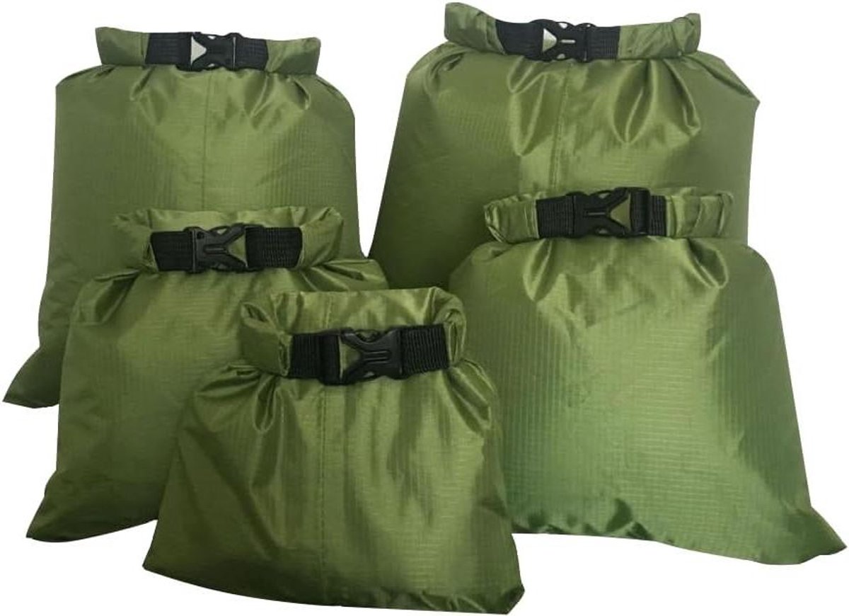 5 Waterdichte Tassen Set van 5 Stuks in Legergroen - Geschikt voor Zwemmen, Raften en Meer - Verschillende Maten (15L, 25L, 35L, 45L, 60L)