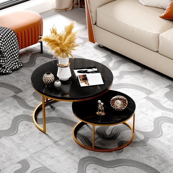 HAUSS SPOLE Table basse ronde - Set de 2 - Aspect marbre noir Zwart - Table basse ronde - Table d'appoint - Robuste et élégante - Salon - 80 x 80 cm / 60 x 60 cm - Structure en métal Goud - Zwart