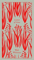 Boekomslag van 'Leaves of Grass' door Walt Whitman in rood en grijs met een patroon van grassen en bloemen.