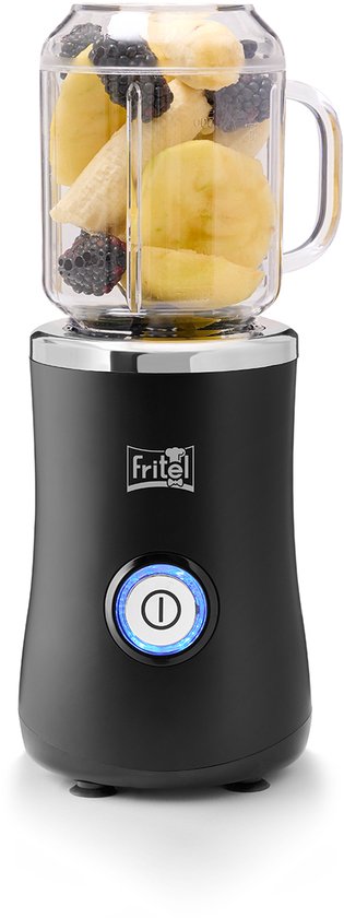 Zwarte Fritel blender met een beker gevuld met banaan en bramen.