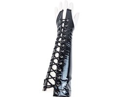 BamBella ® Handschoenen - Maat onesize - Datex (Mix latex en stof ) Sexy Zwart Glans lak vetersluiting