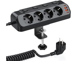 StayPowered Tafelstopcontact - Altijd Slim Opladen met 8 Poorten - 4-Voudige Stekkerdoos - 2× USB-C PD20W - 2× USB-A QC18W - Individueel Schakelbaar - Overspanningsbeveiliging - 2 m Kabel - Zwart - Levering Sneller dan Aangegeven!