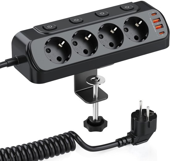 StayPowered Tafelstopcontact - Altijd Slim Opladen met 8 Poorten - 4-Voudige Stekkerdoos - 2× USB-C PD20W - 2× USB-A QC18W - Individueel Schakelbaar - Overspanningsbeveiliging - 2 m Kabel - Zwart - Levering Sneller dan Aangegeven!