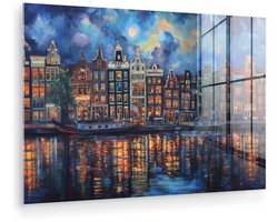MuchoWow® Glasschilderij 180x120 cm - Schilderij acrylglas - Grachten Amsterdam - Huizen - Stad - Kleurrijk - Foto op glas - Muurdecoratie woonkamer - Wanddecoratie slaapkamer - Schilderijen