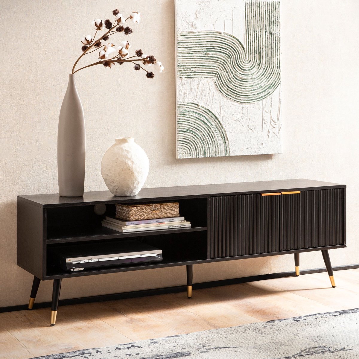 Ervesto TV-Meubel Lowboard 150x51x39 Cm - Zwart Eiken Decor - TV-Kast En Dressoir - Met Deuren En Open Opbergvakken - Voor Tv’s Tot 70 Inch