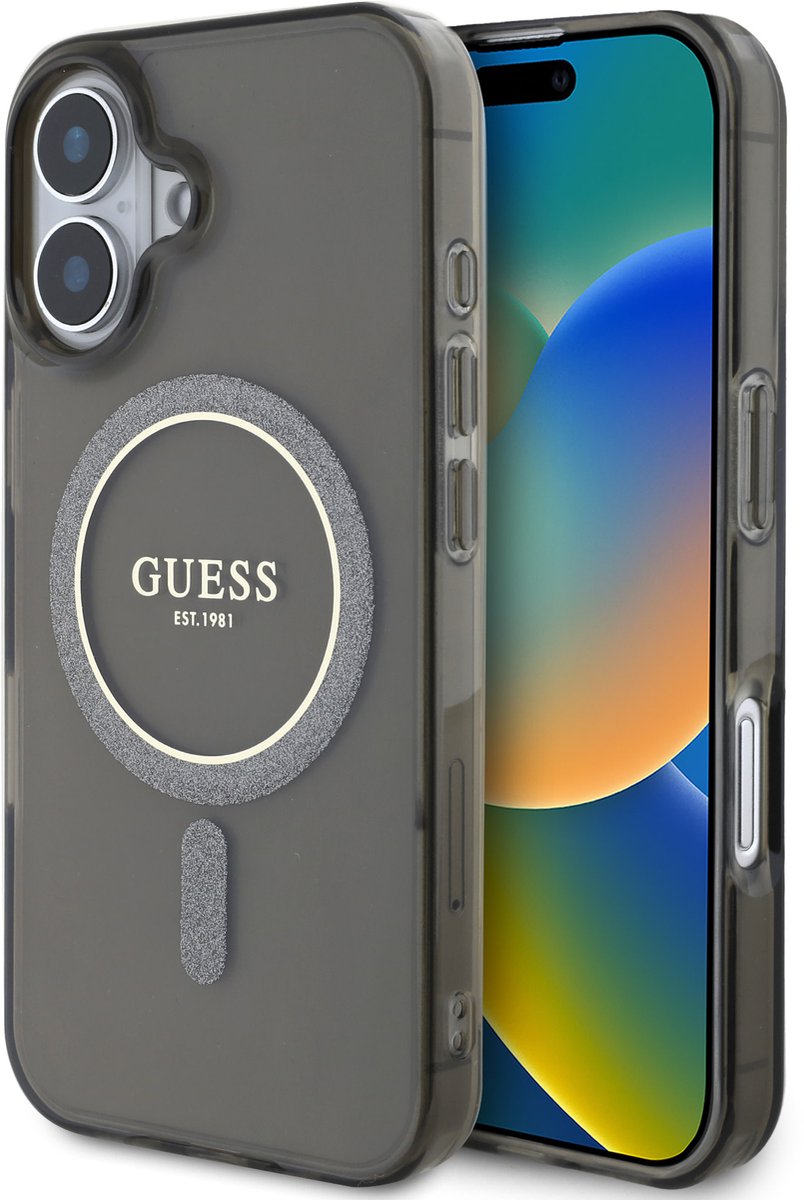 GUESS, Magsafe hoesje Geschikt voor Apple iPhone 16 met glittercirkel, Zwart