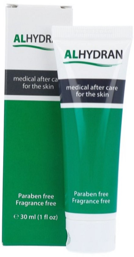 ALHYDRAN tube en doosje. Groen met witte opdruk. Medische nazorg voor de huid. Parabenenvrij, geurvrij. 30 ml.
