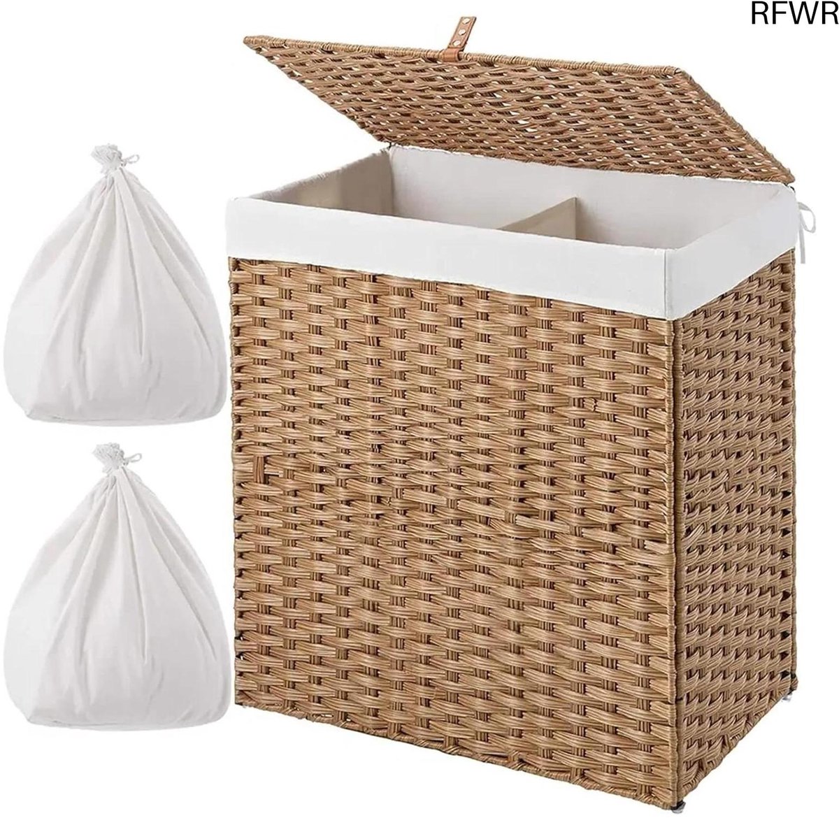 RFWR® Dubbele Wasmand met Deksel - Rieten Wasmand voor Badkamer en Slaapkamer