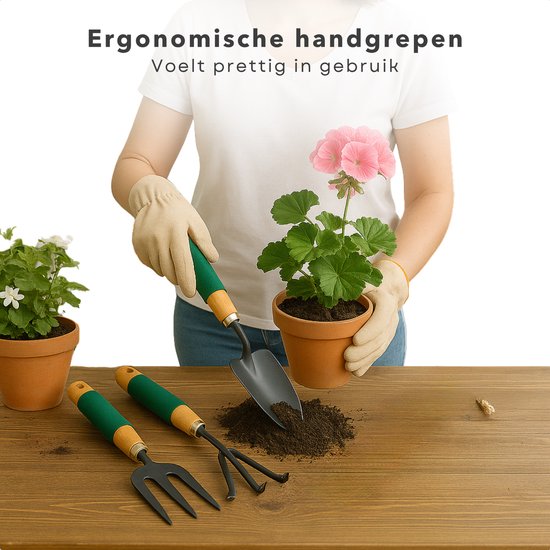 Cheqo® Tuingereedschap Set - Tuin Gereedschap Set - Tuingereedschapset - Hark - Spitvork - Plantschep - Tuin Accessoires - Voor Klein Tuinwerk - Houten Handvat - 27 cm van Cheqo — afbeelding 3