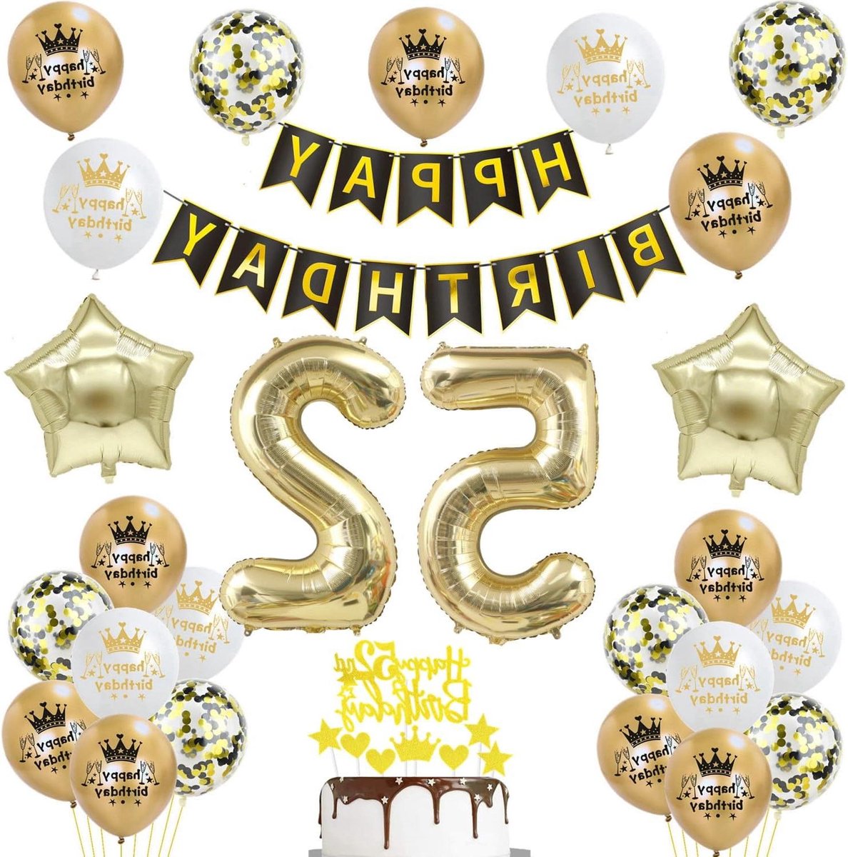 Allecto Plus - Ballonnen 52e verjaardagsdecoratie man vrouw - Taartdecoratie Happy Birthday 52 jaar - Zwart goud verjaardagsdecoratie 52 jaar