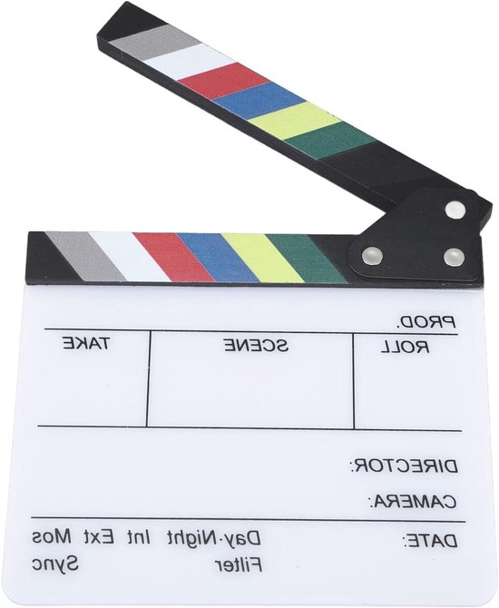 Filmklapper, acryl kunststof Kleurrijke regisseur scène filmklapper, TV/film actiefilm montage prop met wit/zwarte stokken voor shoot rekwisieten/reclame (kleur wit